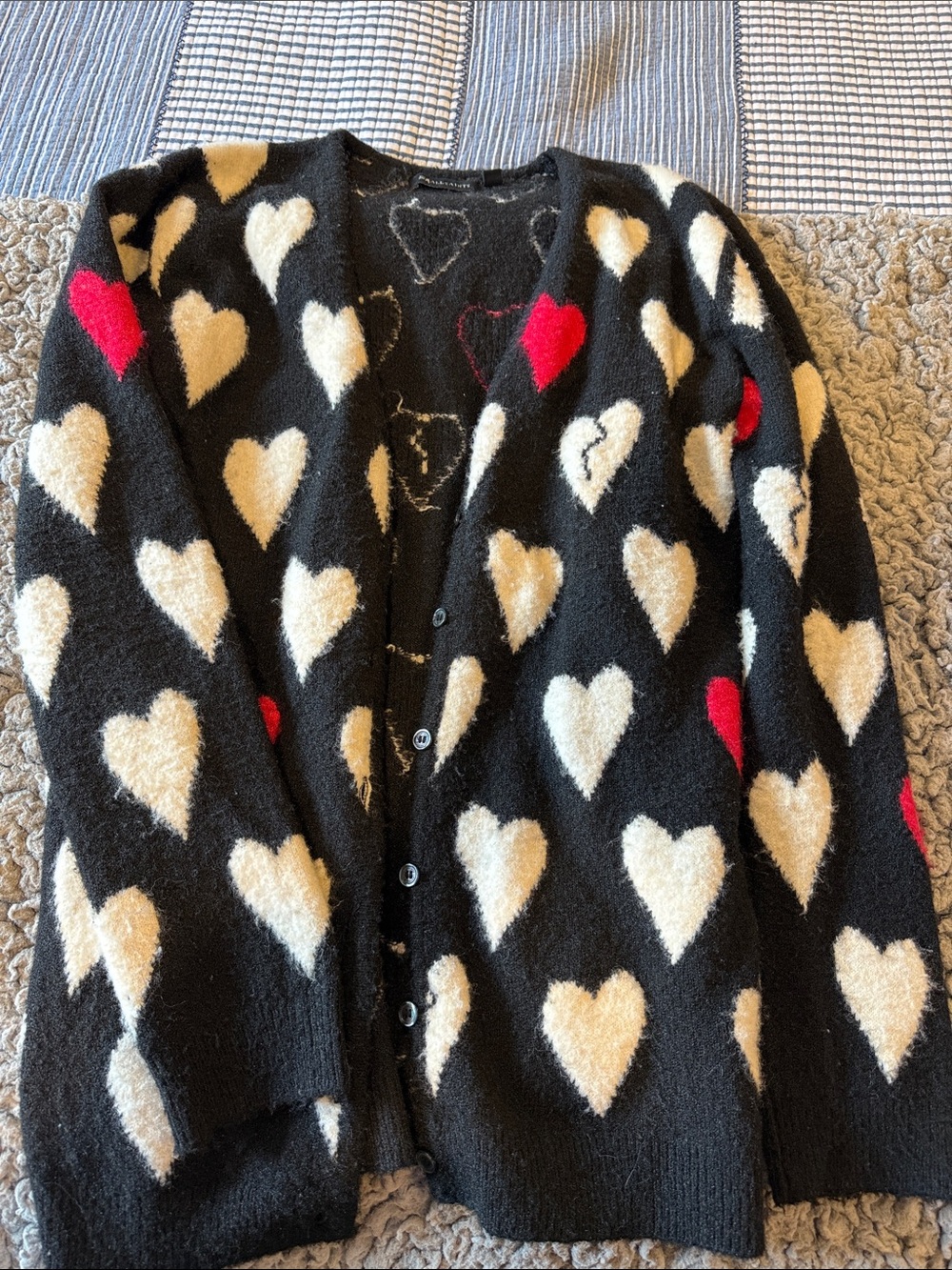 Nordstrom Black Cardigan Sweater with Cream and Red Hearts